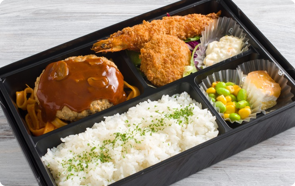 ビーフハンバーグと有頭大海老フライのお弁当　2,160円